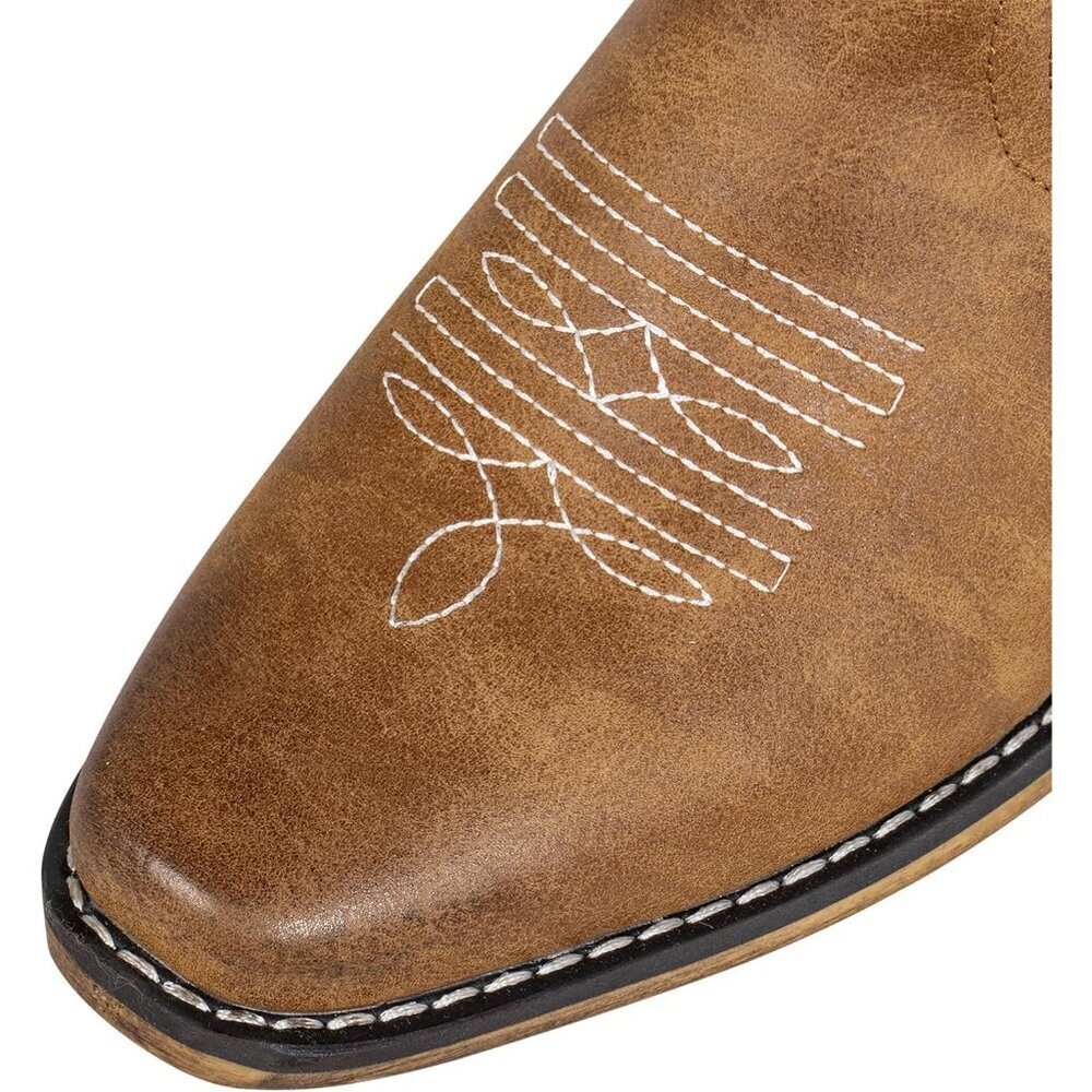 Women's Tan Leather Square Toe Embroidered Western Knee High Cowgirls Boots - Picture 4 of 7